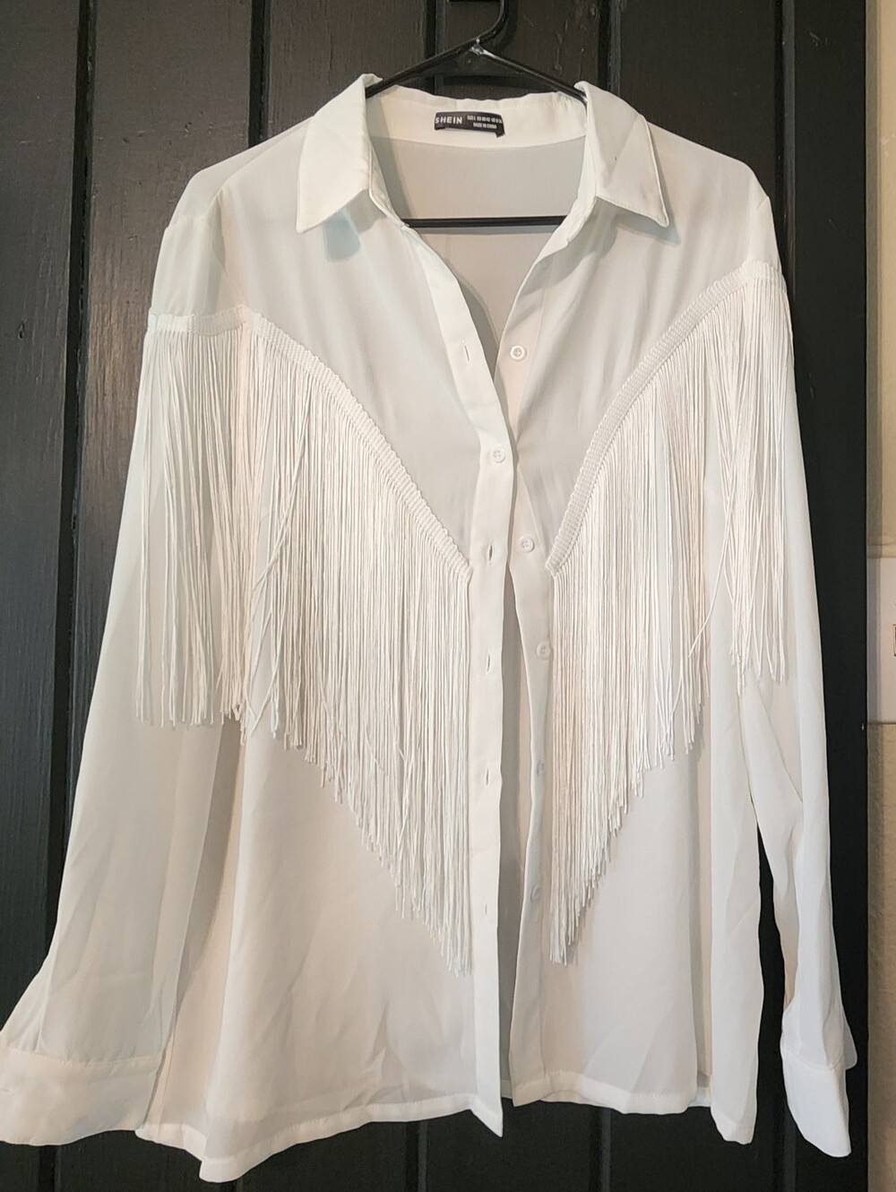 SHEIN White Fringe Button-Down Blouse